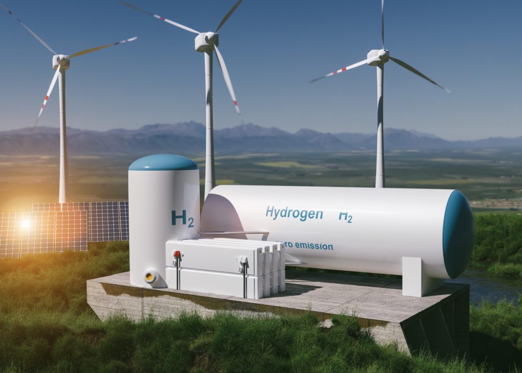 Hydrogen renewable energy production – hydrogen gas for clean electricity solar and windturbine facility.